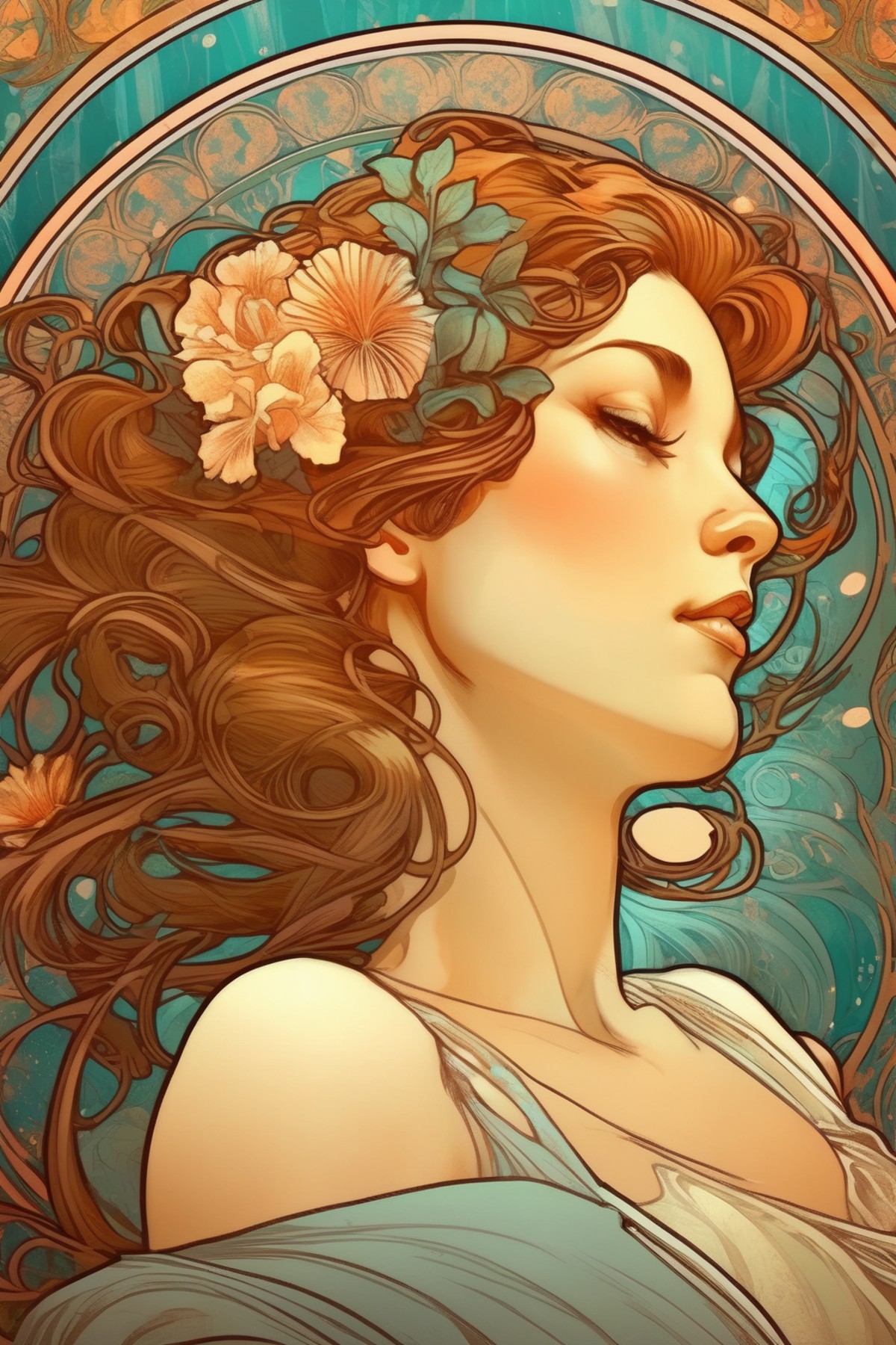 <lora:Alphonse Mucha Style:1>Alphonse Mucha Style - closeup portrait illustration of a woman, relaxing. in the style of ar...